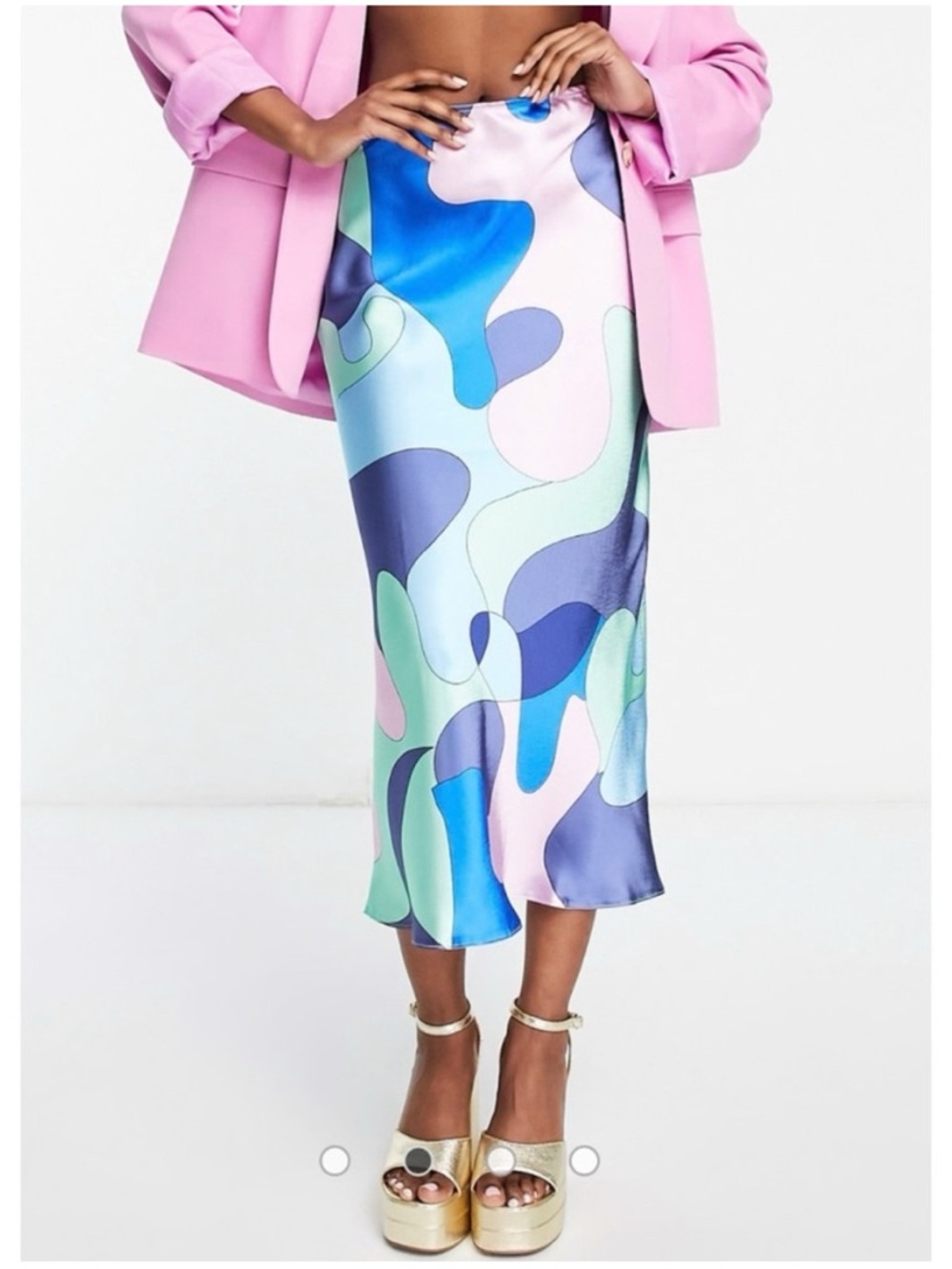 ASOS Abstract Midi Slip Skirt in Pink, Blue & Mint